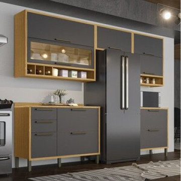 Cozinha Modulada Completa 5 Peças 8 Portas E Vidro Reflecta 280cm 100% Mdf Vicenza Espresso Móveis Amêndoa/chumbo